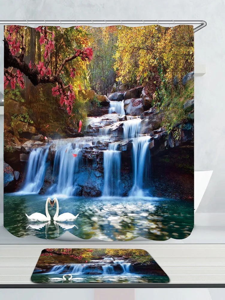 

Swans Flowers Cascade Waterproof Shower Curtain Rug Set Non-slip Mat Carpet Door Mat Bath Curtain Bathroom Waterproof Curtain