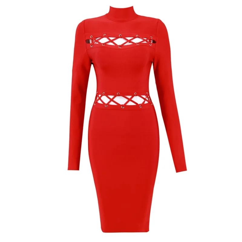 Новое поступление осенне-зимнее платье с длинными рукавами повседневное женское платье Vestido сексуальное облегающее Открытое платье с высоким воротником Ночная одежда Бандажное платье - Цвет: Red