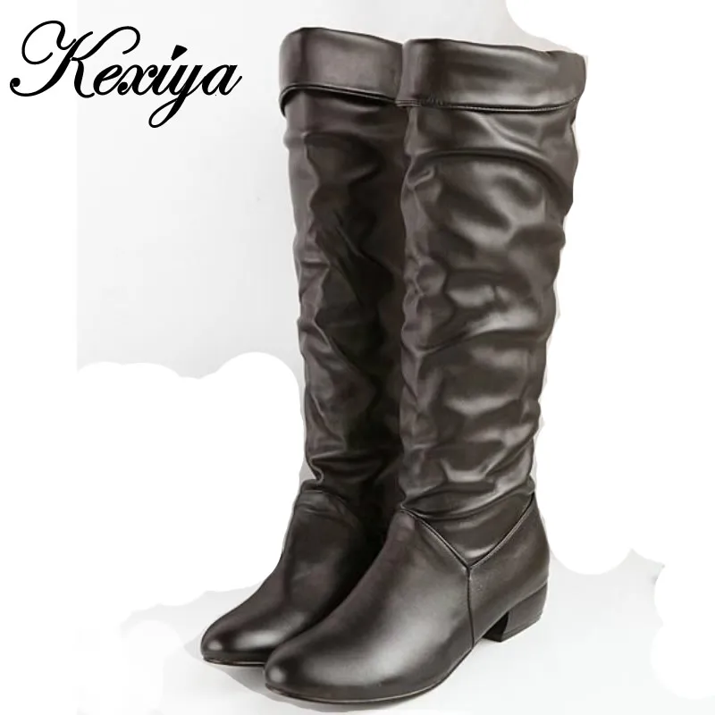 

Plus size 34-43 fashion winter women shoes comfortable Round Toe low heel botas solid PU leather Slip-On Knee High boots HH-Z-7