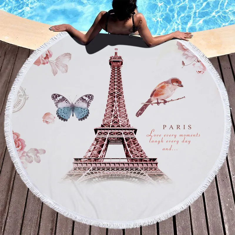 Винтажный стиль 150 см круглое пляжное полотенце Эйфелева башня Роза 530 г микрофибра купальное покрытие банное полотенце