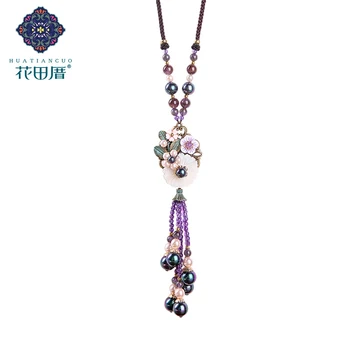 

Ethnic Tassel Handmade Pendant Necklace Purple Crystal Bead Shell Bead Flower Petal Alloy Leaves Rope Woman Jewelry CL-17140