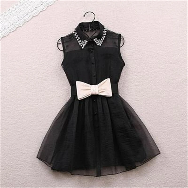 

10pcs/lot 2019 Hot Selling Cute Spring Summer Pearl Lapel Organza Dress White Sleeveless Solid Color With Big Bow Belt dress