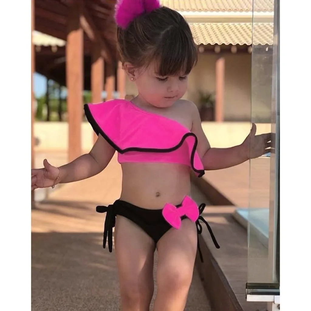 

Summer Kids Baby Girls One Shoulder Swimwear Solid Print Ruffles Bow Swimwears Bathing Suits 2PCS Swimsuit Bikini Outfits