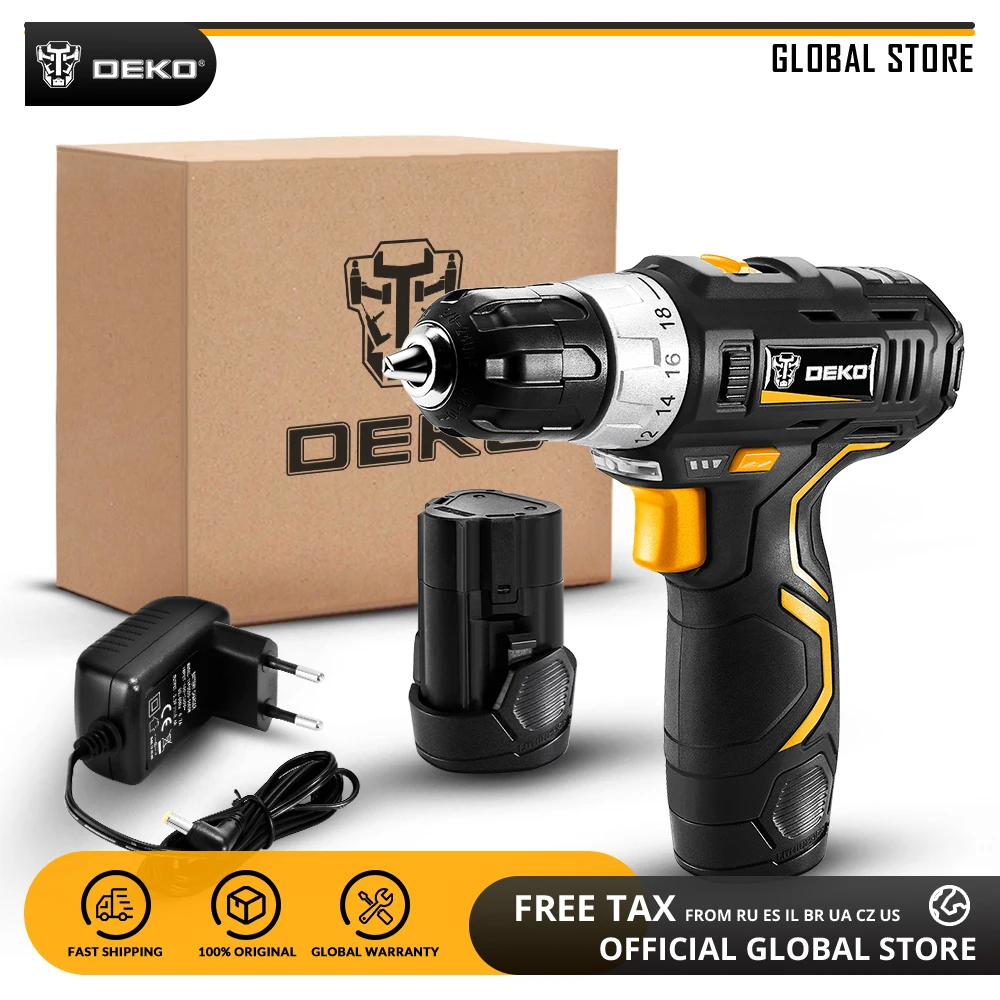 DEKO GCD12DU3 12V Max Household Power Tool Electric Screwdriver with LED Light 2 Speed Cordless Drill with 2 Lithium Battery