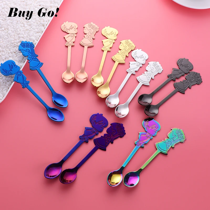 

2Pcs/Set Stainless Steel Couple Coffee Spoon Lovely Child Shape Colorful Cartoon Ice Cream Tea Dessert Stirring Spoons