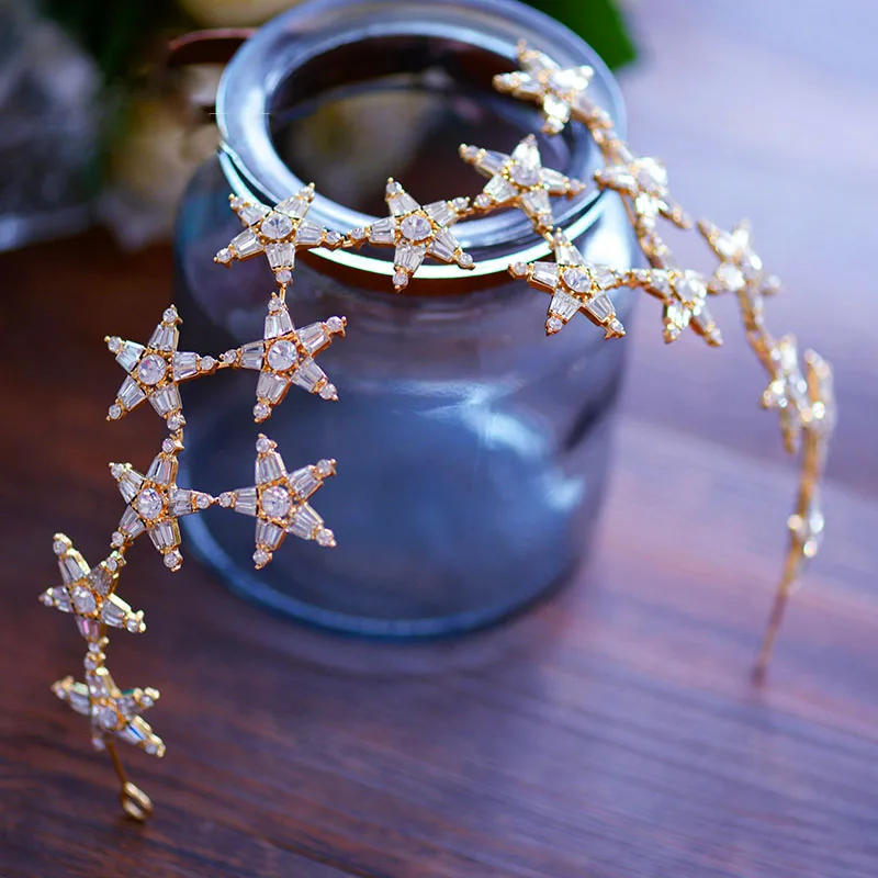 Bavoen элегантные сверкающие звезды свадебные аксессуары для волос золотые тиары для невесты короны Кристальные повязки для волос вечерние украшения для волос