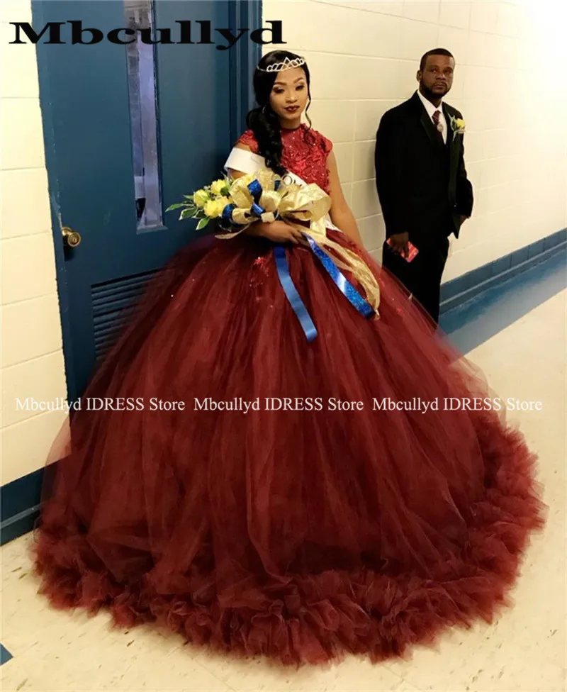

Puffy Ball Gown Quinceanera Dresses 2019 Plus Size Appliques Lace Burgundy Long Sweet 16 Party Dress Pageant Gowns Tulle Ruffled