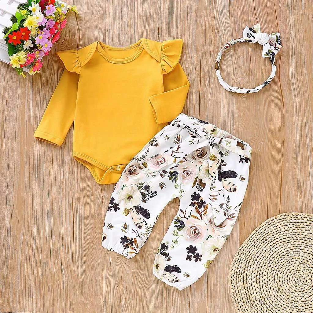 

3pcs Newborn Baby Girl Clothes fly sleeve romper +floral pants +headband clothes autumn wear 0-24m roupa menina New 2019