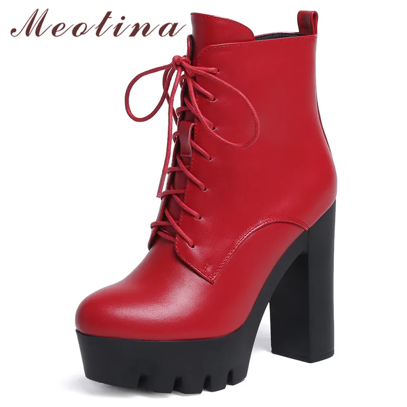 

Meotina Fall Ankle Boots Women Natural Genuine Leather Platform Block Heels Short Boots Zip Super High Heel Shoes Female Winter