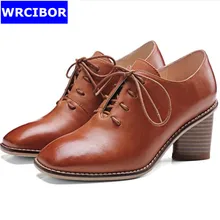 2017 British style vintage Women Oxford shoes patent leather lace up square toe high heels platform pumps Women’s shoes Brown