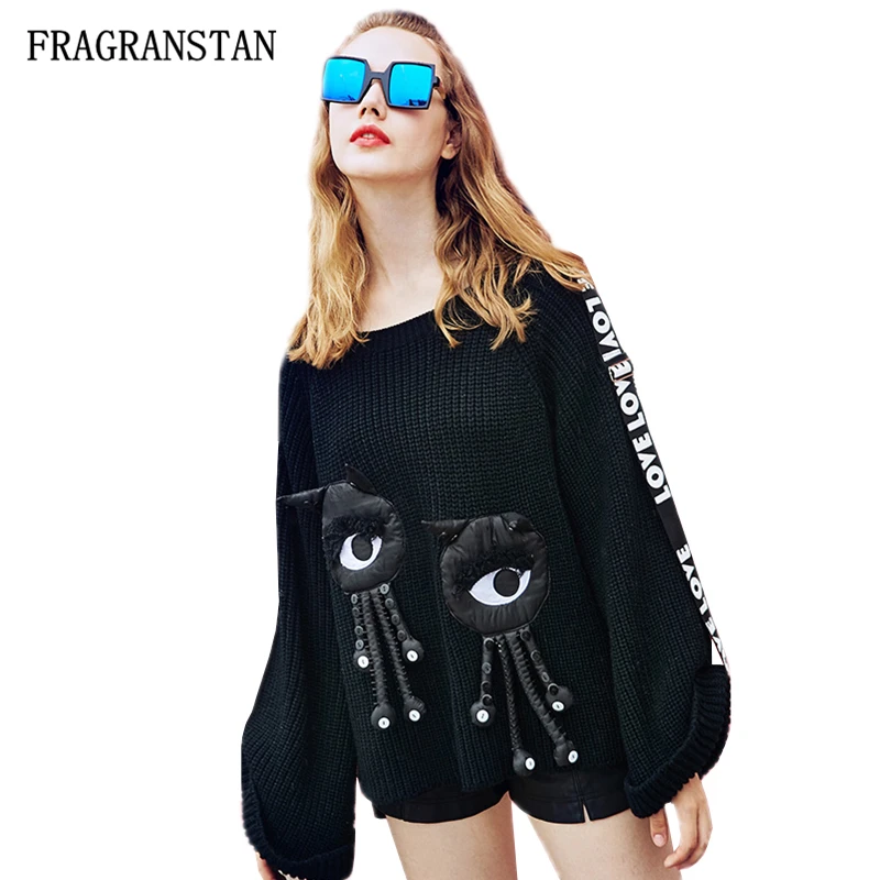 

Women Spring Autumn O-Neck Puff Sleeve Sweater Female New 3D Doll Fashion Pullovers Ladies High Quality Black Loose Tops JQ818