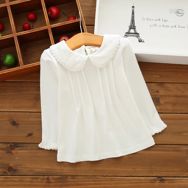 Осенняя Блузка для девочек наивысшего качества; белые хлопковые рубашки с длинными рукавами; модные рубашки принцессы для маленьких девочек; топы для малышей; DQ954