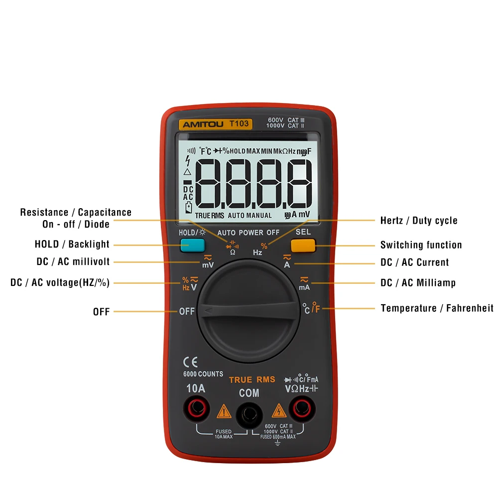 Amitou T103 Профессиональный цифровой мультиметр, измеряющий мини истинные квадратичные значения 6000 отсчетов Подсветка переменного тока/постоянного тока Амперметр Вольтметр Тесты er+ Тесты набор соединительных прово