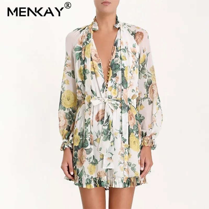 

[MENKAY] Summer Short Jumpsuit For Women V Neck Long Puff Sleeve Sash Waisted 2019 Boho Print Rompers Female Fashion Clothing