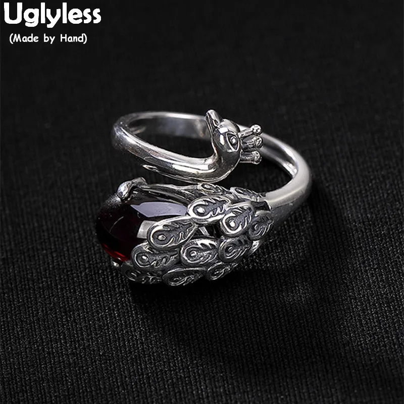 

Uglyless Real Solid 925 Sterling Silver Handmade Peacock Rings for Women Garnet Red Gemstones Finger Ring Open Thai Silver Jewel