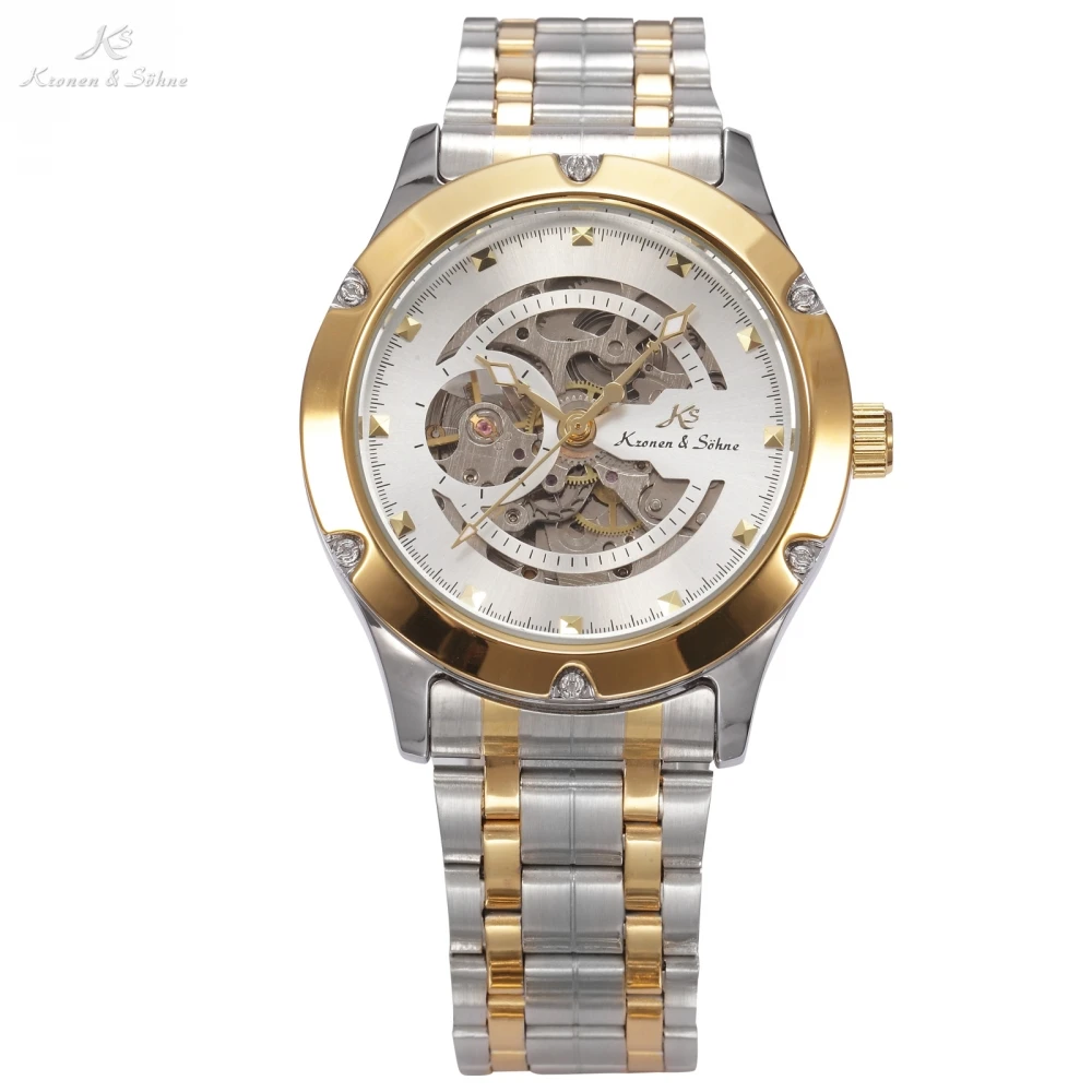 

KS NAVIGATOR Series Golden Case Luxury Skeleton Transparent Case Back Men Gent Automatic Mechanical Stainless Steel Watch /KS207