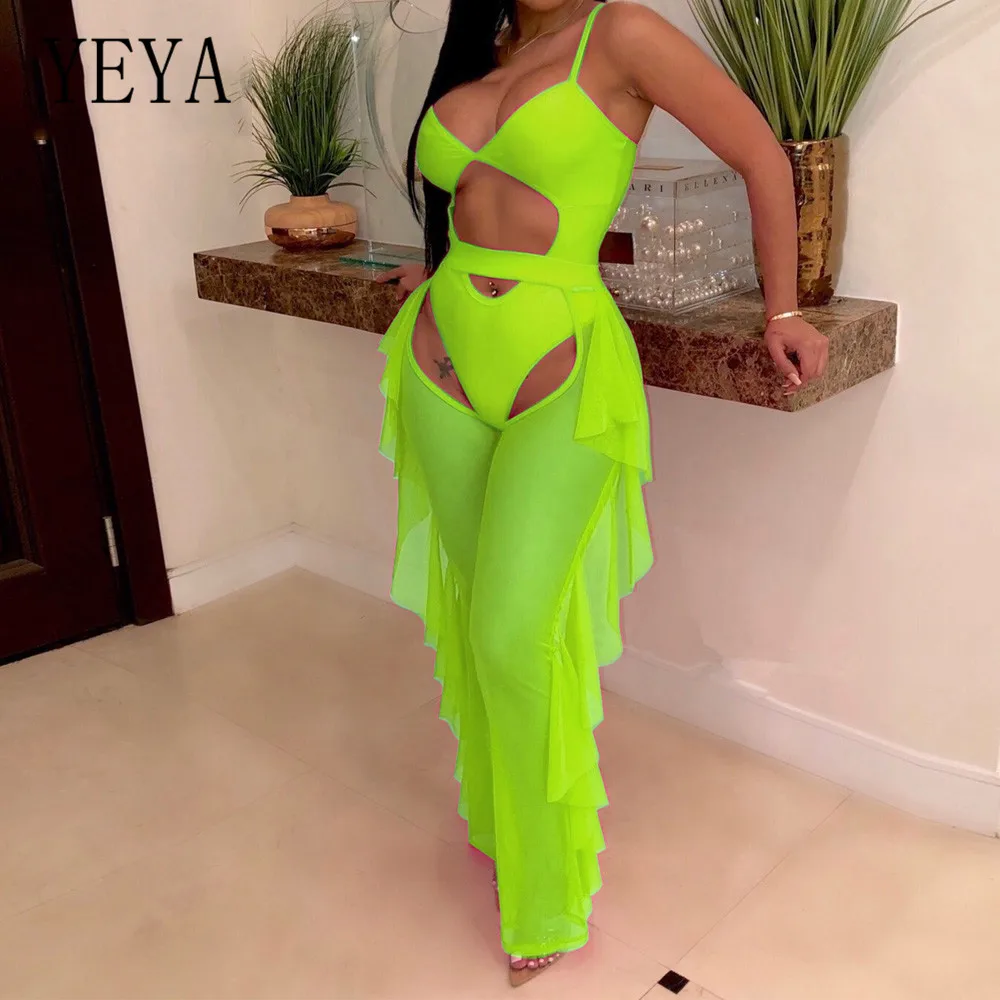 YEYA 2 Pieces Sets See Through Mesh Jumpsuits Sexy Hollow Out Ruffles Bodysuits Women Sleeveless Off Shoulder Elegant Overalls YEYA 2 Pieces Sets See Through Mesh Jumpsuits Sexy Hollow Out Ruffles Bodysuits Women Sleeveless Off Shoulder Elegant Overalls