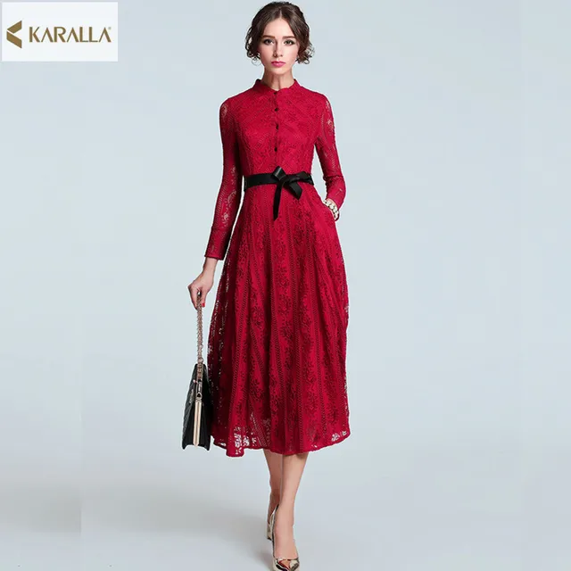 High Quality New 2016 Women Spring Runway Fashion Dress Elegant Long High Quality New 2016 Women Spring Runway Fashion Dress Elegant Long Sleeve Lace Designer Midi