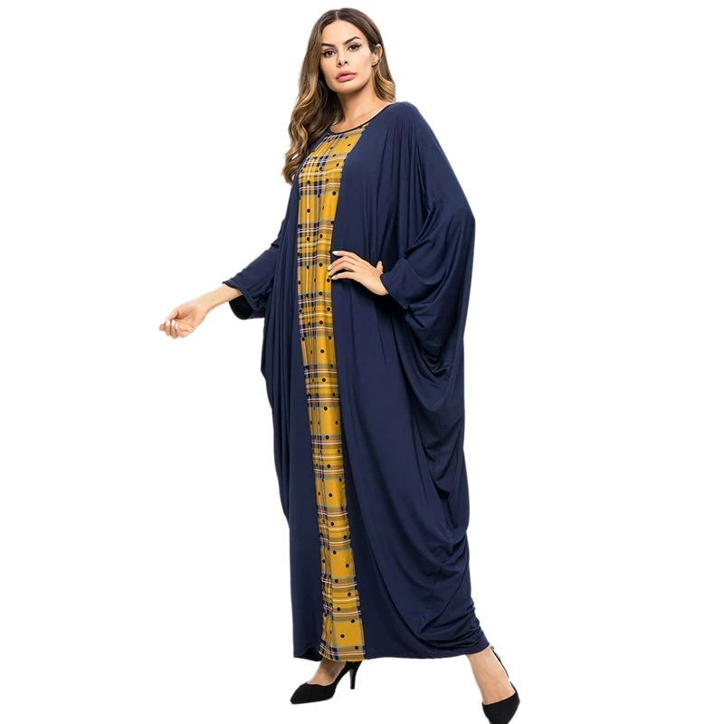 Мусульманское женское платье Абая с круглым вырезом Летучая мышь-рукава свободные клетчатые строчки контраст цветные халаты Ближний