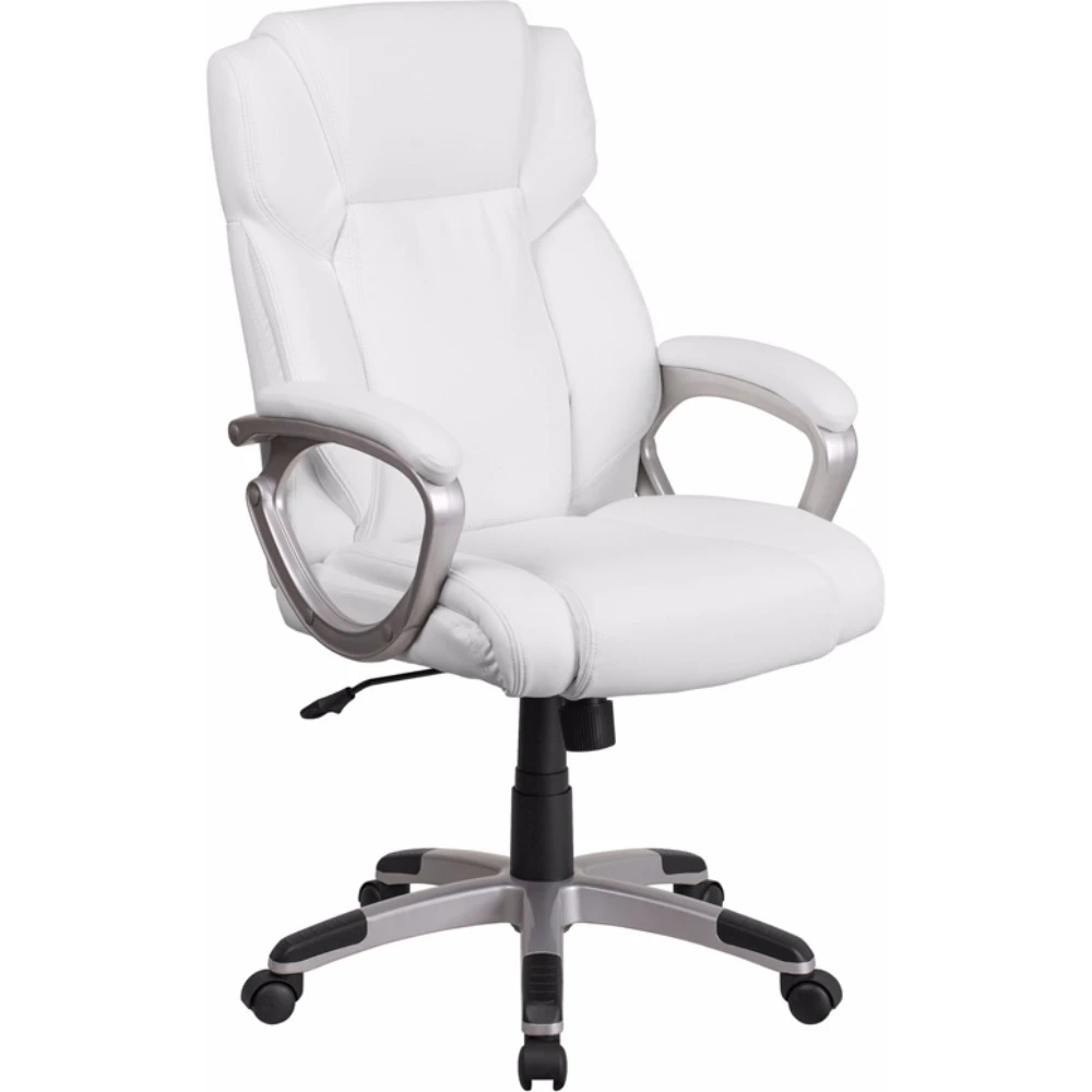 Mid-Back White Leather Executive Swivel Chair with Padded Arms