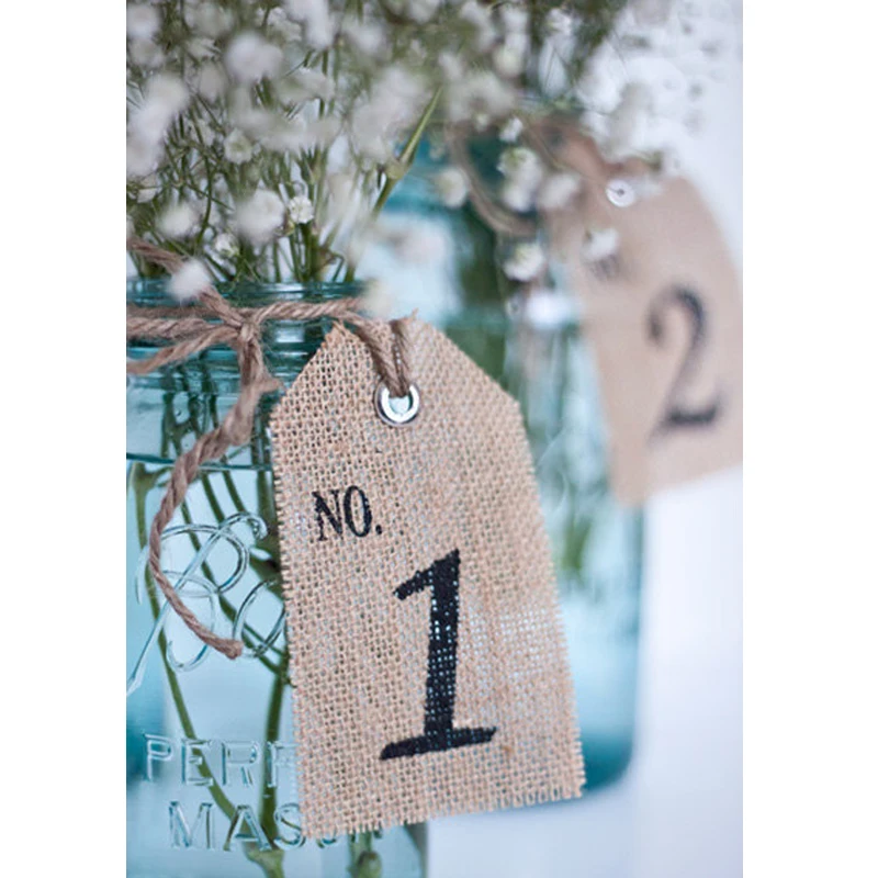 

2017 Free Shipping Rustic Burlap Table Numbers 12 Pieces Pre Lot 1-12 Customized Table Numbers With Jute Twine Tags