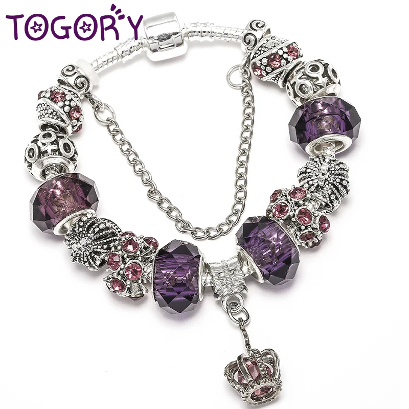 

TOGORY Classic Crown Pendant Charm Bracelet With Purple Murano Glass Beads Fine Bracelets Bangle For Women Lover Fashion Gift