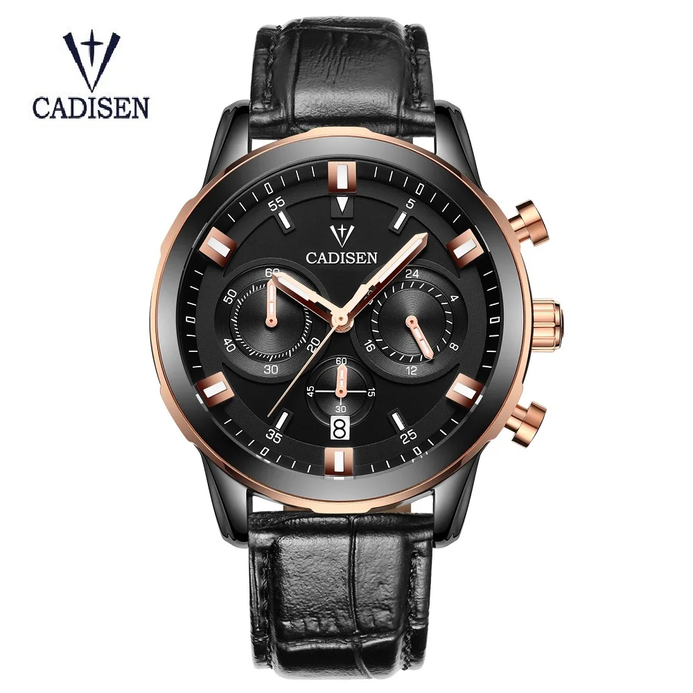 

CADISEN men's multi-functional quartz leather round business watch hand waterproof wrist watch