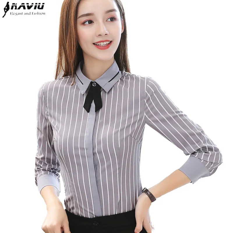 2018 New fashion high quality women striped blouse elegant slim long ...
