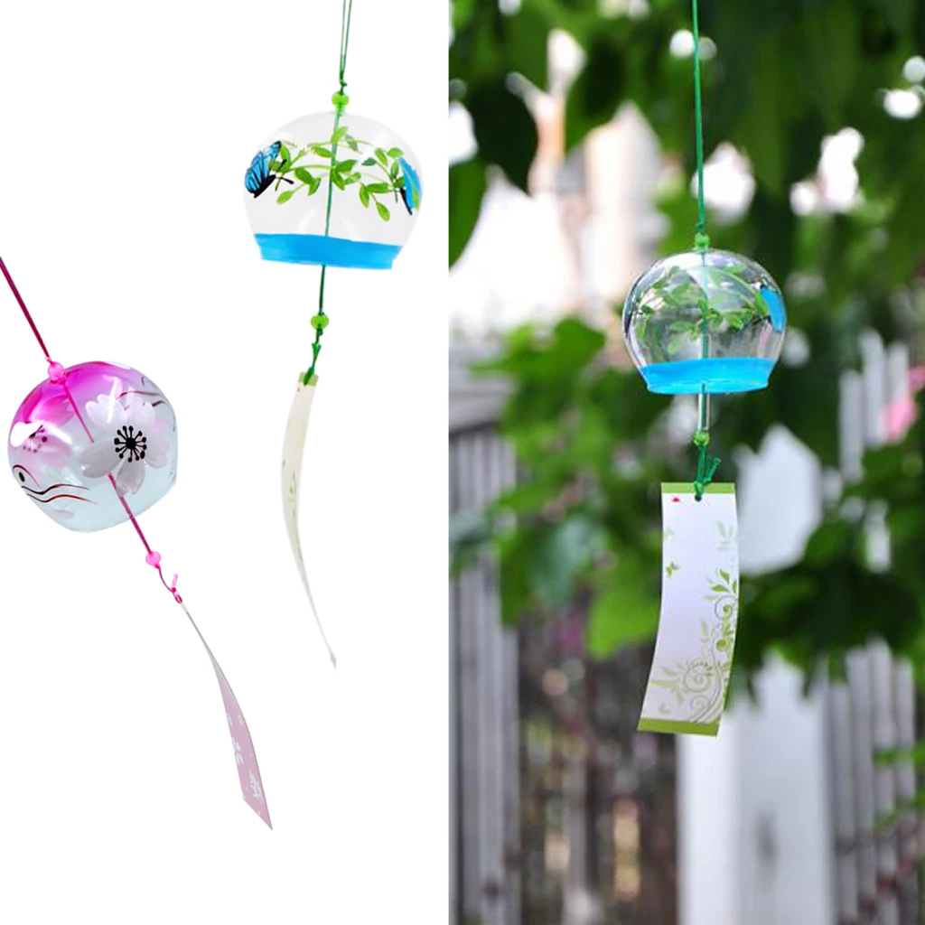 2 шт японский стиль стеклянный колокольчик Furin Wind Chime вишневый цвет узор с Сакурой