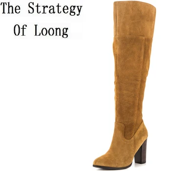 

Winter Short Plush Round Toe Square Heels Women Half Boots Fashion Causal Genuine Leather Zipper Solid Knee-High Boots ZY170906