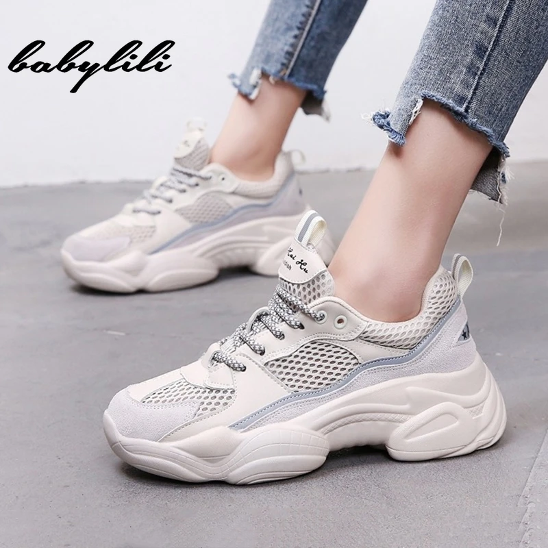 

Women Sneakers 2019 New Women Platform Shoes Thick Heel Ladies Casual Shoes Reflective Breathable Beige Fashion Wild