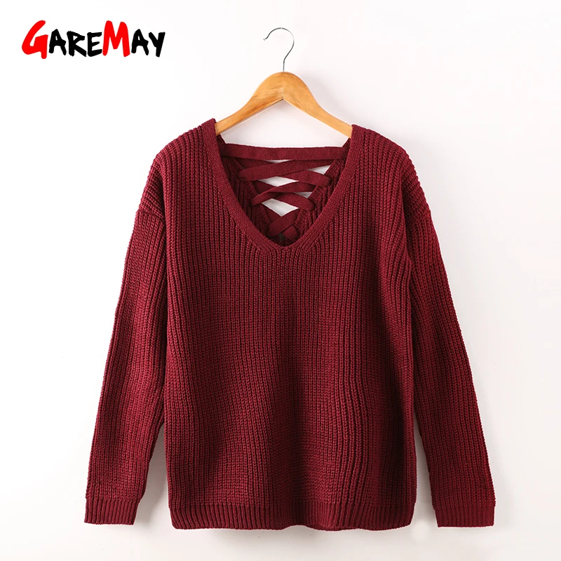 

Knitted Sweater Women Autumn 2018 Fall Fashion Backless Sweater V Neck Jumpers Ladies Sweaters Wine Red Female Pullover Women