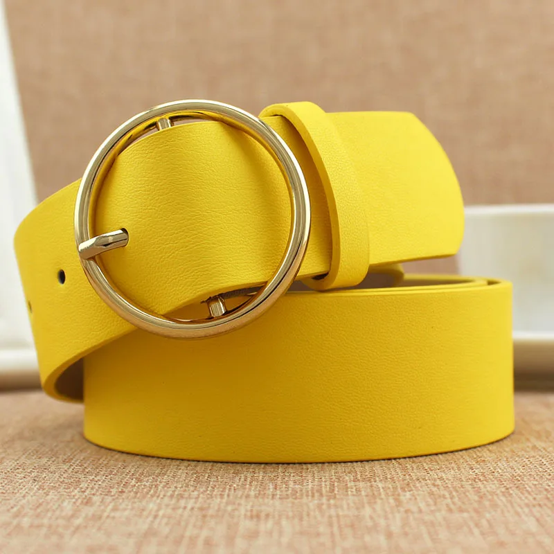 Yellow Модный классический круглый ремень с пряжкой, Женский широкий ремень, дизайн, высокое качество, Женские повседневные кожаные ремни для джинсов kemer - Цвет: Yellow