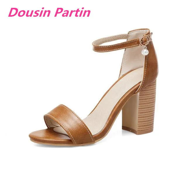 

Dousin Partin Women Shoes Women Sandals Pu Leather Square High Heel Peep Toe All Match Buckle Retro Lady Sandals