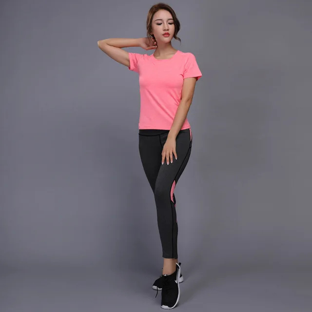 Женские компрессионные костюмы для бега, Спортивная женская одежда для занятий спортом, гимнастические леггинсы+ Женская одежда с коротким рукавом для йоги, комплекты для бега - Цвет: pink