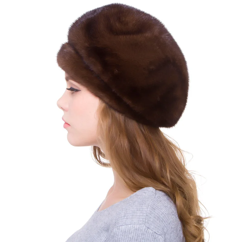 Роскошные русские женские настоящие Оптовые норковые меховые береты, шапки, женские зимние теплые шапки, модный головной убор LF5097