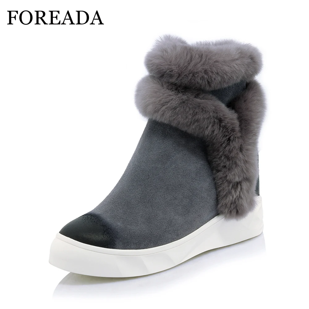 

FOREADA Genuine Leather Women Ankle Boots Winter Warm Platform Boots Rabbit Fur Leather Boots Lady Hidden Heel Wedge Shoes 2018