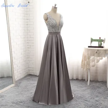 

Sapphire Bridal 2019 New Arrival Silver Grey Burgundy A Line Satin Top Beaded Evening Dress Hot Sale
