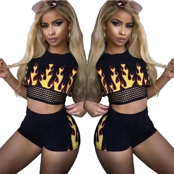 

Wantmove 2019 new summer women two-piece fashion mesh splice print o-neck lumber top and mini shorts two piece set WM618