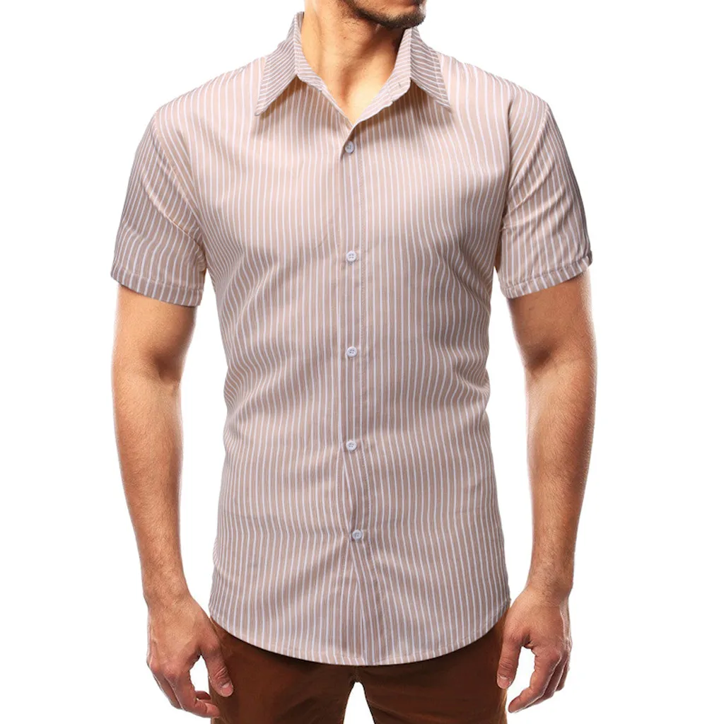 Shirts Streetwear Men 2019 Men's Summer Slim Casual Striped Button Short-sleeved Shirt Men Fashion Office Work Shirts z0626