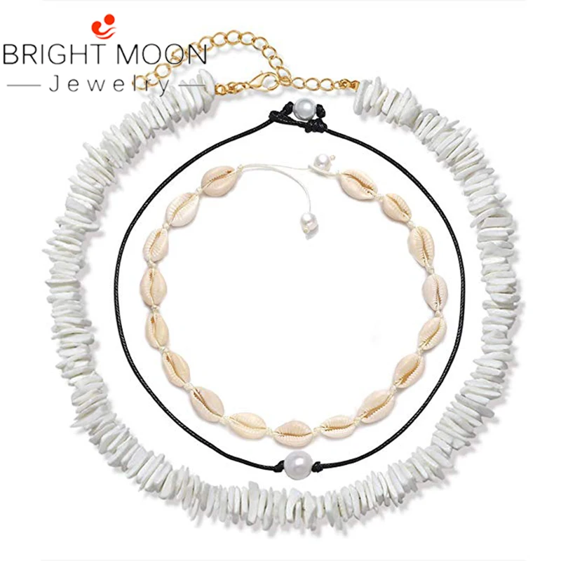 

Bright Moon Shell Necklace Boho Tropical Hawaiian Beach Puka Chips Shell Surfer Choker Necklace Jewelry Mens Womens