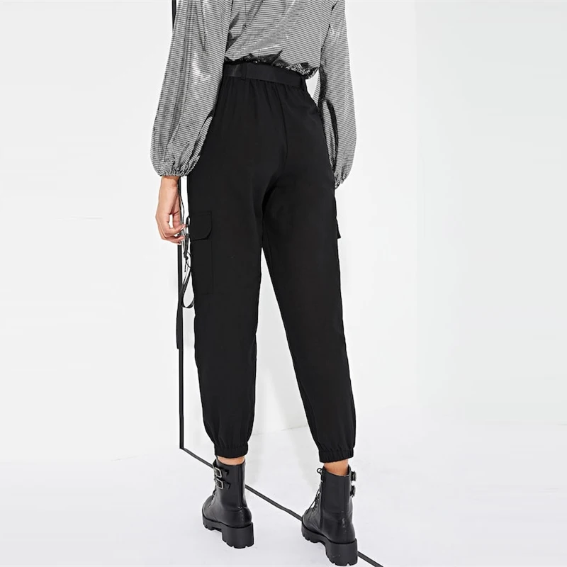 ROMWE Woman Black Crop Cargo Utility Pants With Slashes Fashion Belt High Waist Pockets Detail Pants Spring Casual Trousers