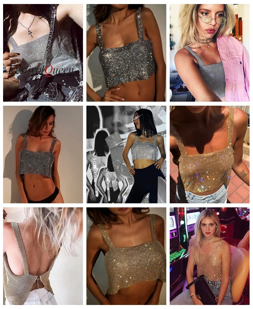 Bling Rhinestones Party Crop Top 2020 Fashion Solid Backless Straps Full Diamonds Sequins Cami Cropped Top for Women