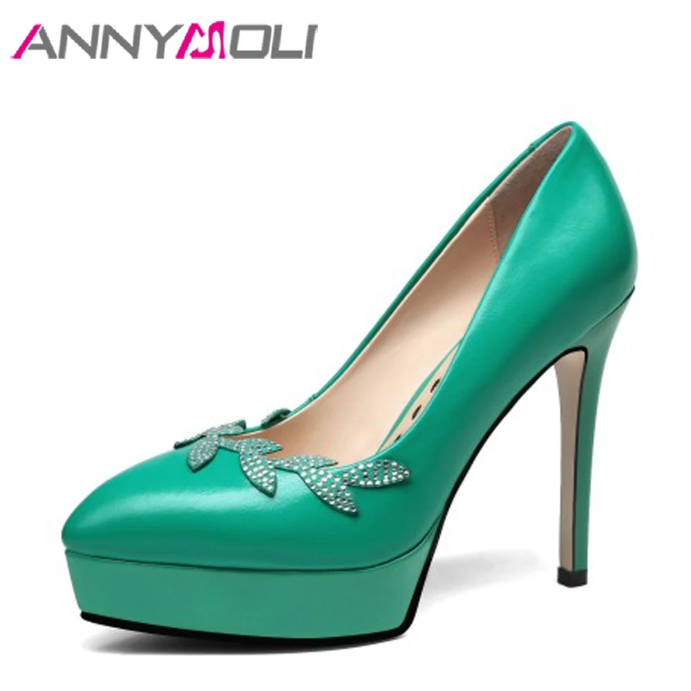 

ANNYMOLI Genuine Leather Women High Heels Platform Shoes Crystal Pointed Toe Thin Heels Wedding Shoes Bridal Beige Elegant Pumps