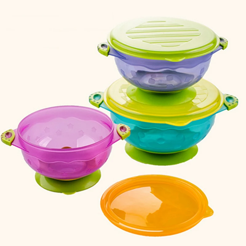 3 Pcs set Training Baby Bowls Set Antiskid Bowl With Lid Slip Sucker Baby Tableware 2017