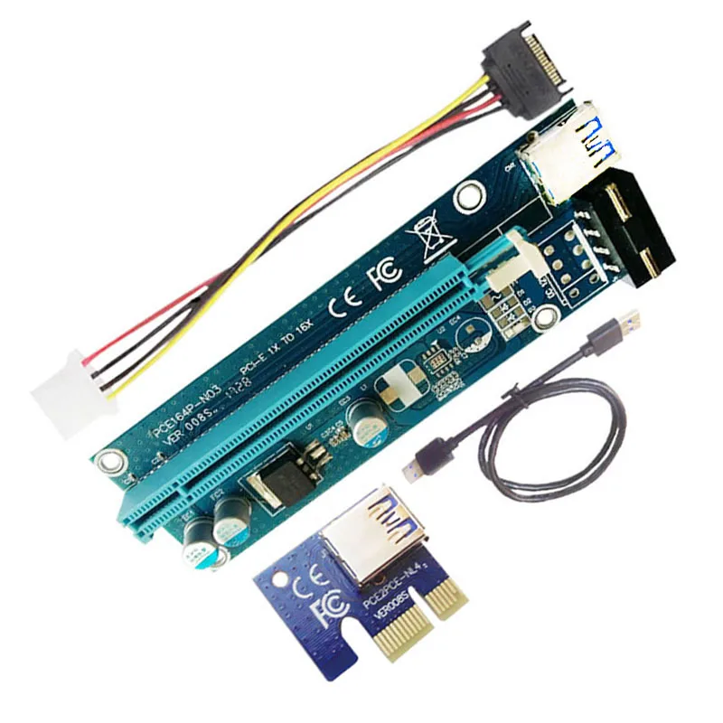 100 компл./лот последняя версия pci-e Riser Card PCI E 1x к 16x горные машины 6pin 4PIN molex 15pin Riser Card адаптер для BTC