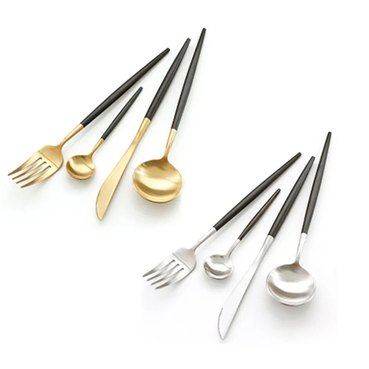 

Portugal pointed tail cutlery set black handle flatware sets gold silver color western tableware fork knife spoon chopsticks