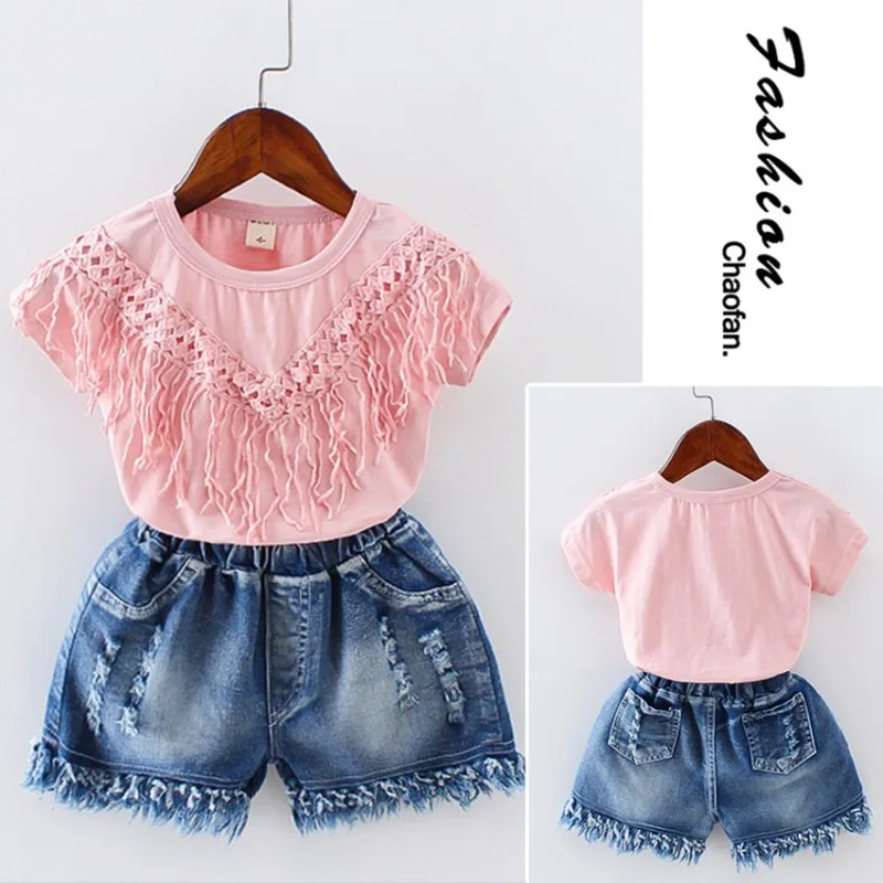 CROAL CHERIE  Baby Girl Clothes 2PCS Toddler Kids Baby Girls Outfits Short Sleeve T-shirt Tops+Short Pants Tassel Clothes Set  (9)