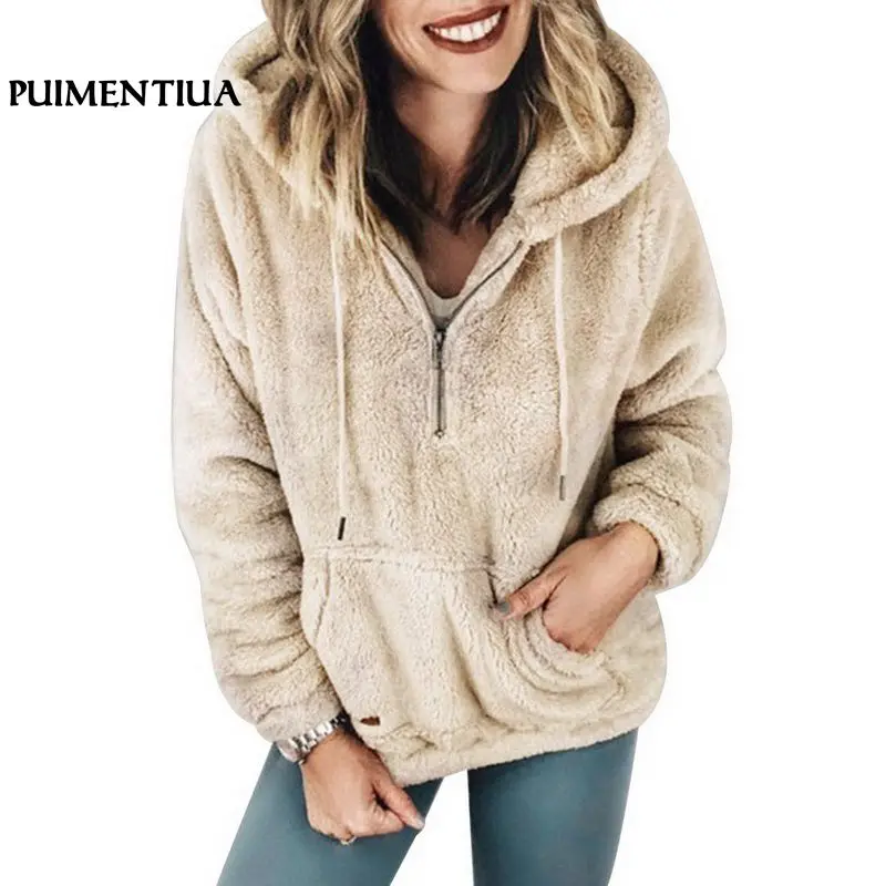 

Puimentiua 2018 Winter Faux Fur Women Hoodies Warm Sweatshirt Casual Zipper Pocket Hooded Pullover Autumn Soft Teddy Hoodie Coat