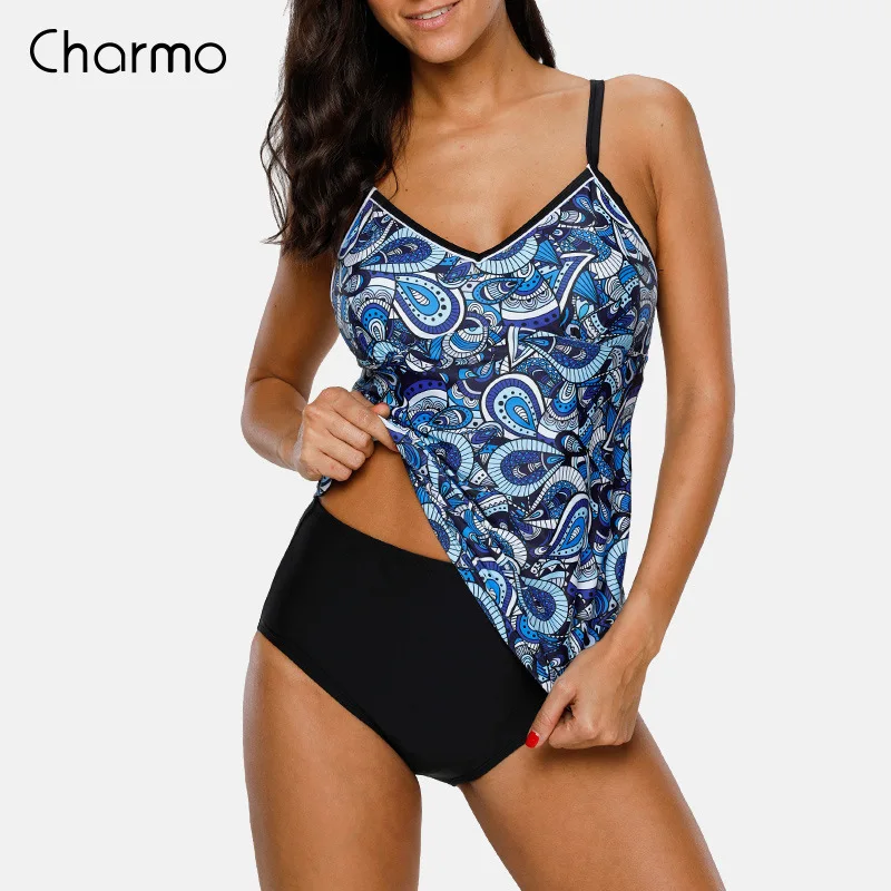 Charmo, женский цветочный Танкини, набор из двух частей, купальник, Ретро стиль, рисунок Пейсли, купальник, пуш-ап, сексуальное бикини, открытая спина, купальник